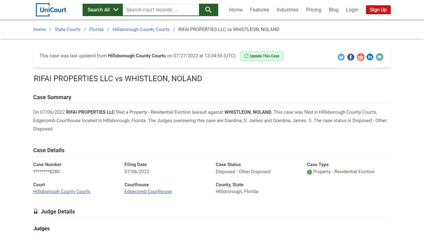 RIFAI PROPERTIES LLC vs WHISTLEON, NOLAND - UniCourt